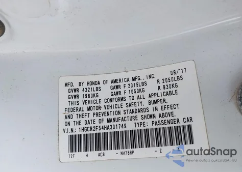 2017 Honda Accord Sport z USA, uszkodzony, nr VIN 1HGCR2F54HA301749